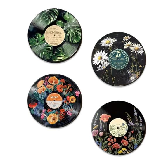 4 Pcs Wooden Record Floral Slice Vinyl Wall Art Vintage Record Replica Wall