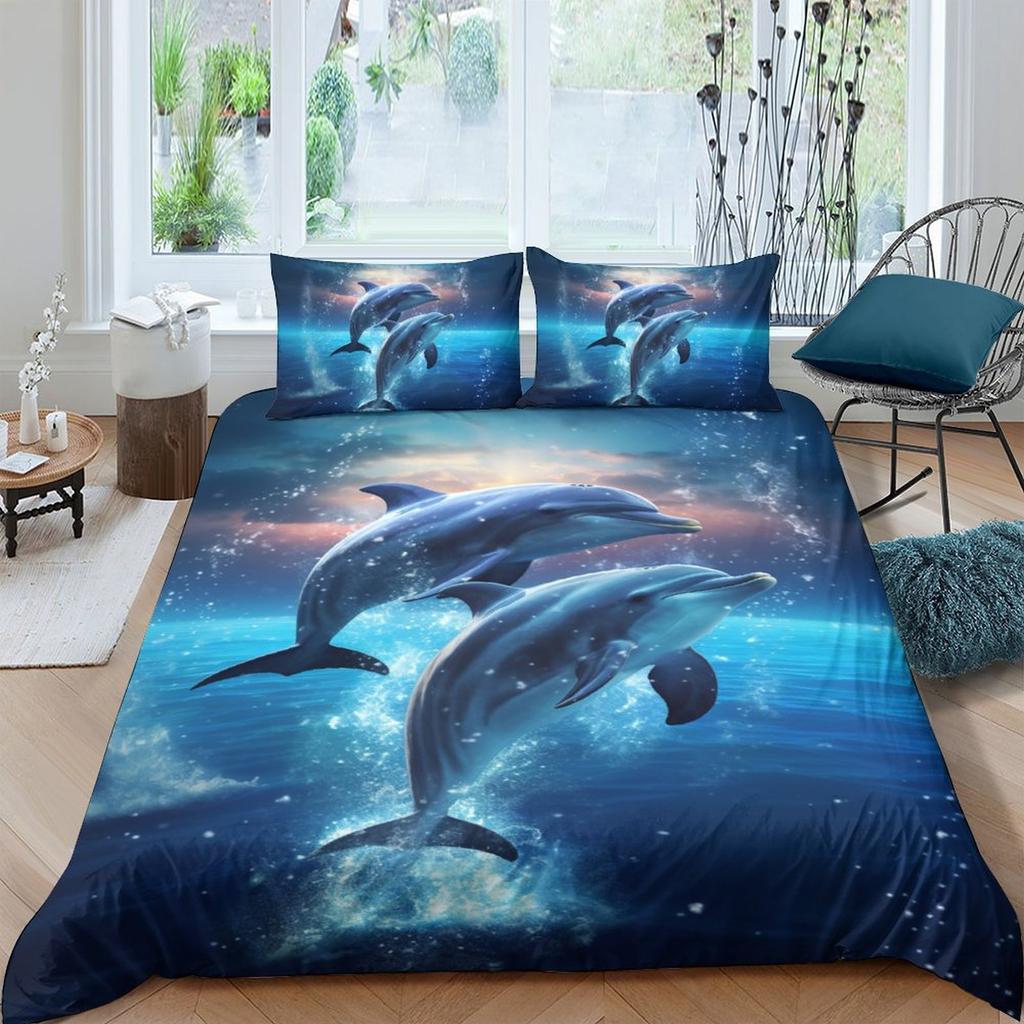 Комплект пододеяльника из 3 предметов, ультрамягкий, с 3D-принтом дельфинов - Роскошный комфорт, реалистичный дизайн - Идеально подходит для спален и гостевых комнат