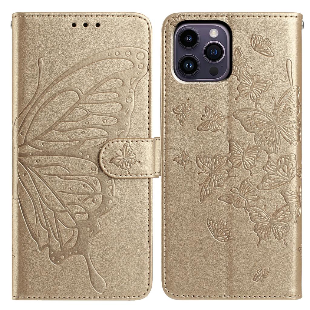 For iPhone 14 Pro Case Butterfly Imprinted Wallet Stand PU Leather Flip Phone Cover with Strap