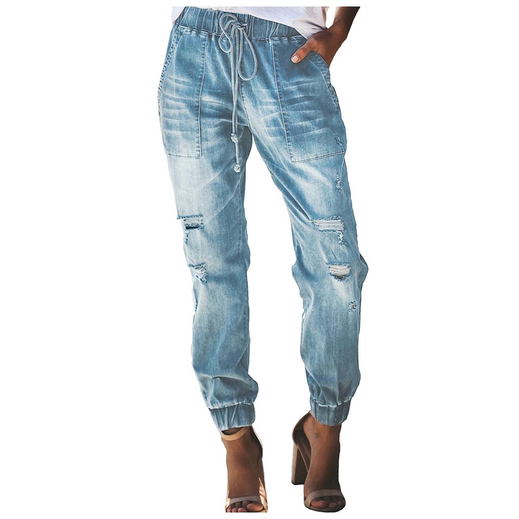 Women's Ripped Jeans Drawstring Elastic Waist Washed Casual Pants Denim Trousers