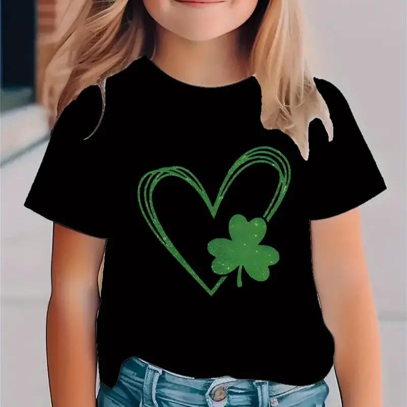 Детская футболка с 3D-принтом, новая минималистичная футболка с круглым вырезом и короткими рукавами с небольшим свежим клеверным узором для девочек