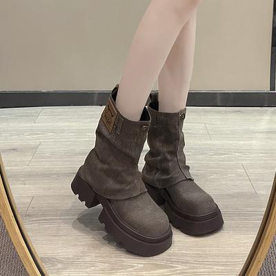 Ретро ботинки Мартин на толстой подошве с круглым носком женские 2025 новые джинсовые брюки ботинки-чулки модные короткие ботинки прилив