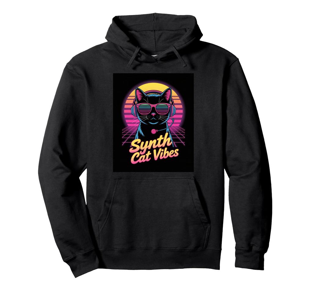 Synth Cat Retro Sunglasses Synth Cat Vibes Night View Music Future City Club Hoodie