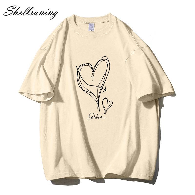 Shellsuning Kawaii футболки с принтом в виде сердца женские летние простые свободные футболки с круглым вырезом повседневные хлопковые женские топы на мягкой основе