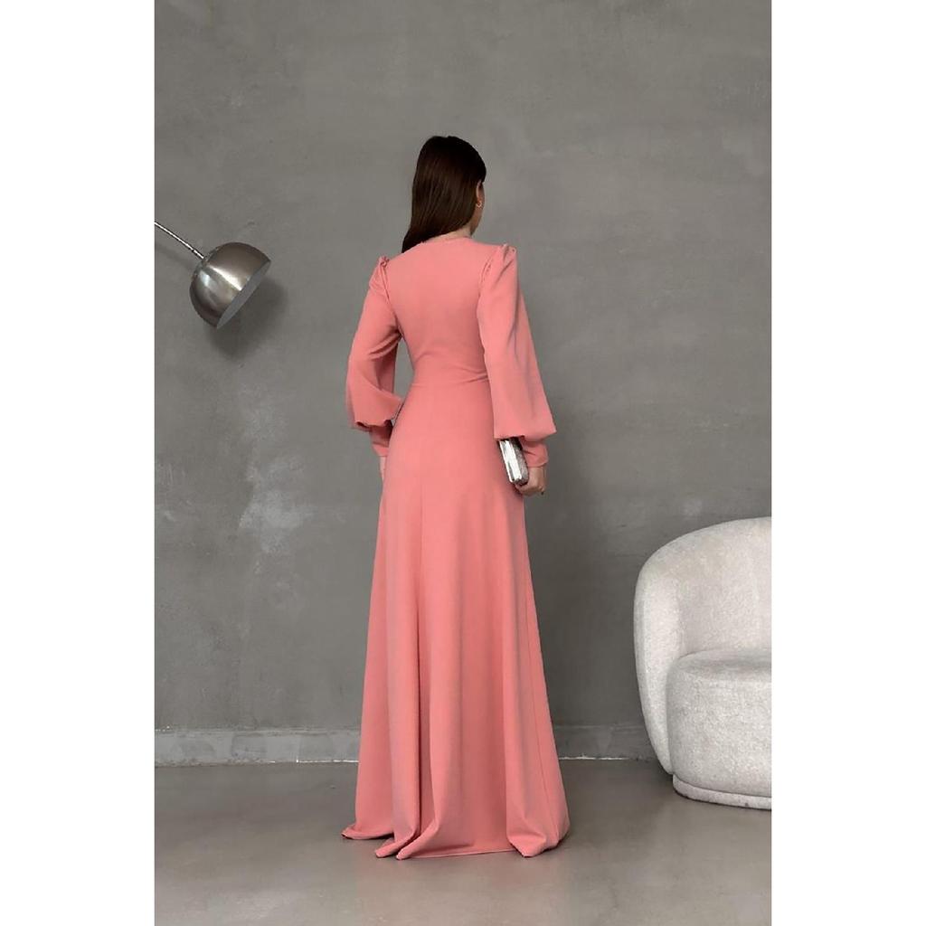 Black Crepe Fabric Front Knot Detail Maxi Length Long Sleeve Double Slit Dress