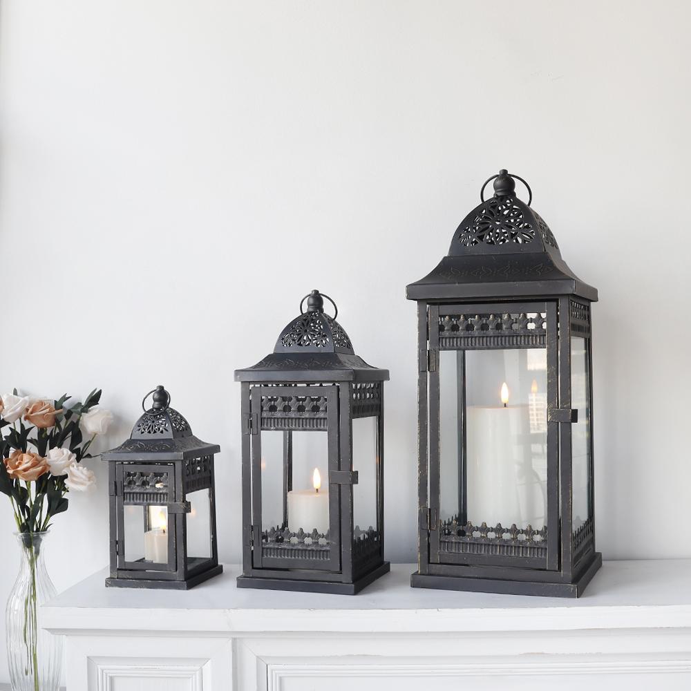 US DE Stock Set of 3 Black Brushed Gold Lantern Durable Garden Metal Lantern Empty Square Candle Lantern for Wedding Decoration