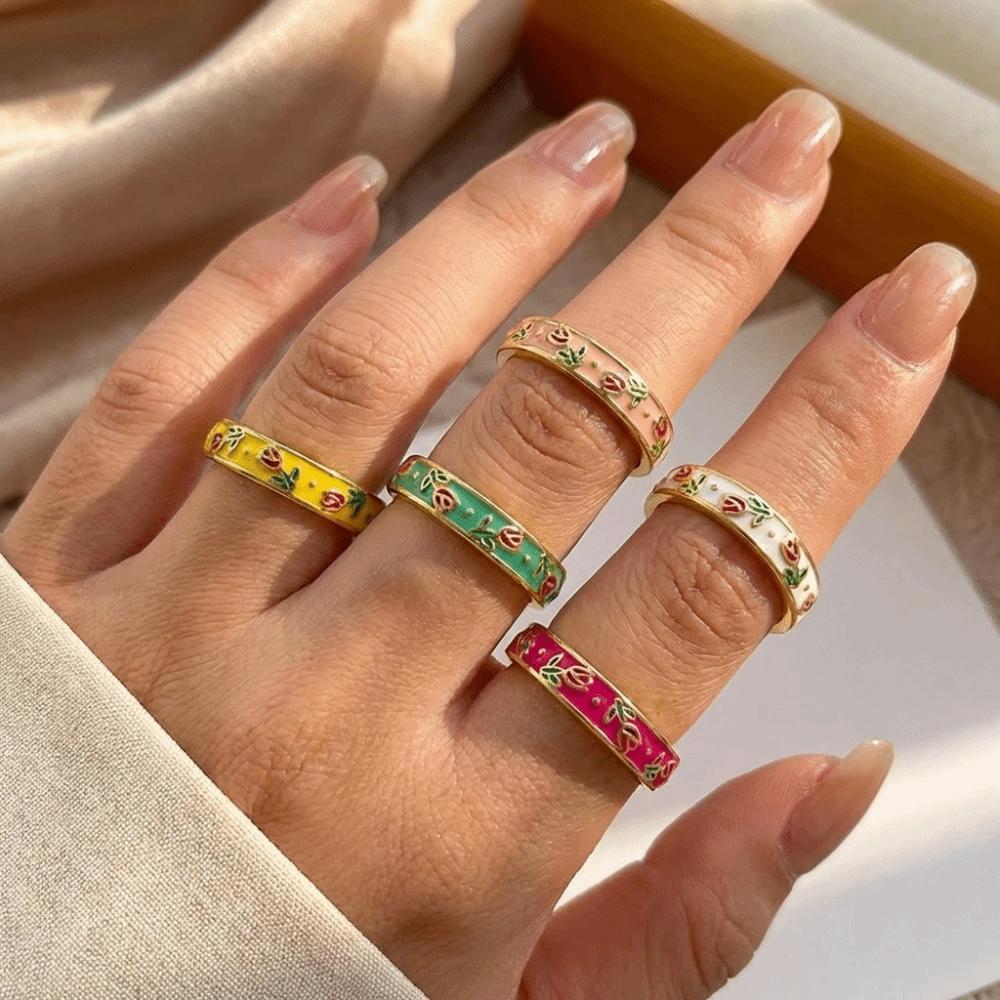 Colorful Enamel Open Ring Flower Adjustable Tulip Ring Elegant Vintage Geometric Ring  Gift