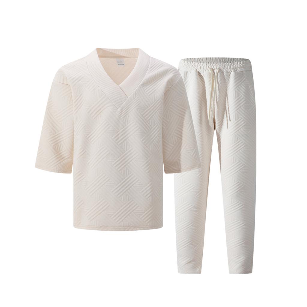 Мужской однотонный повседневный комплект из двух предметов с короткими рукавами и воротником