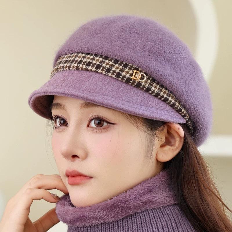 Knitted Yarn Pile Hat Women's Elegant and Fashionable Duckbill Beret Plus Velvet Large Head Circumference Ear Protection Hat All-match Trendy Outdoor