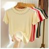 Women's Summer Short Sleeve Knitted T-shirt New Fashion O Neck Beaded Knit Elegant Short Top Female Casual Simple Solid Color Ladies Tshirt 3112