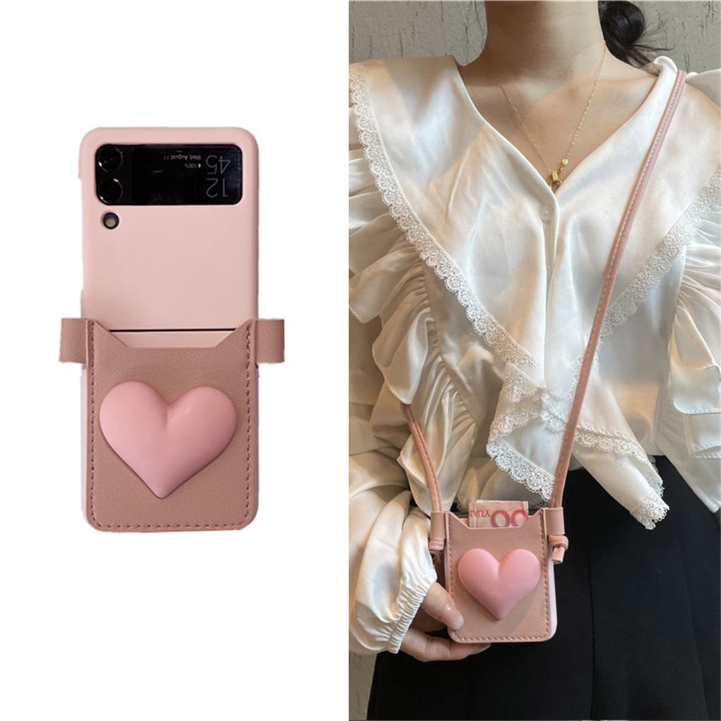 Fashion Korean Leather Crossbody Lanyard Card Wallet 3d Love Phone Case For Samsung Galaxy Z Flip Z Flip 3 5g Zflip 4 Cover Capa