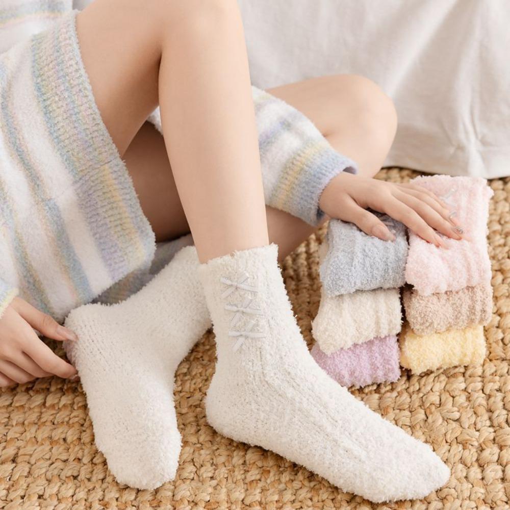 Coral Fleece Middle Tube Socks Bowknot Floor Socks Cute Women's Socks Autumn