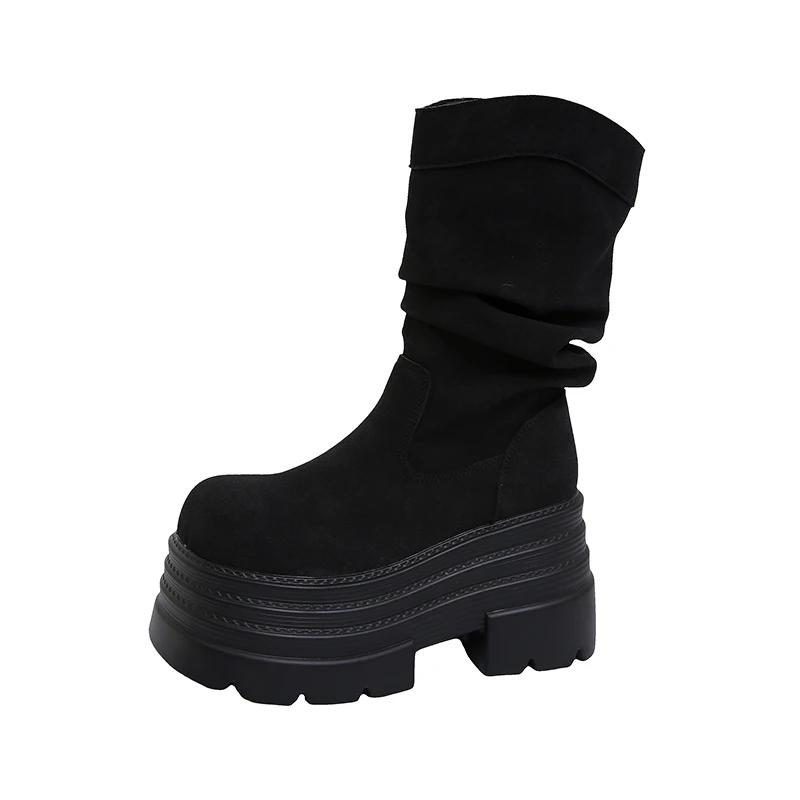 Fashion 10CM New 2024 Autumn Platform Mid-calf Boots High Heels Women Thick Sole Winter Leather Sock Shoes Chunky Motorcycle Boots Woman