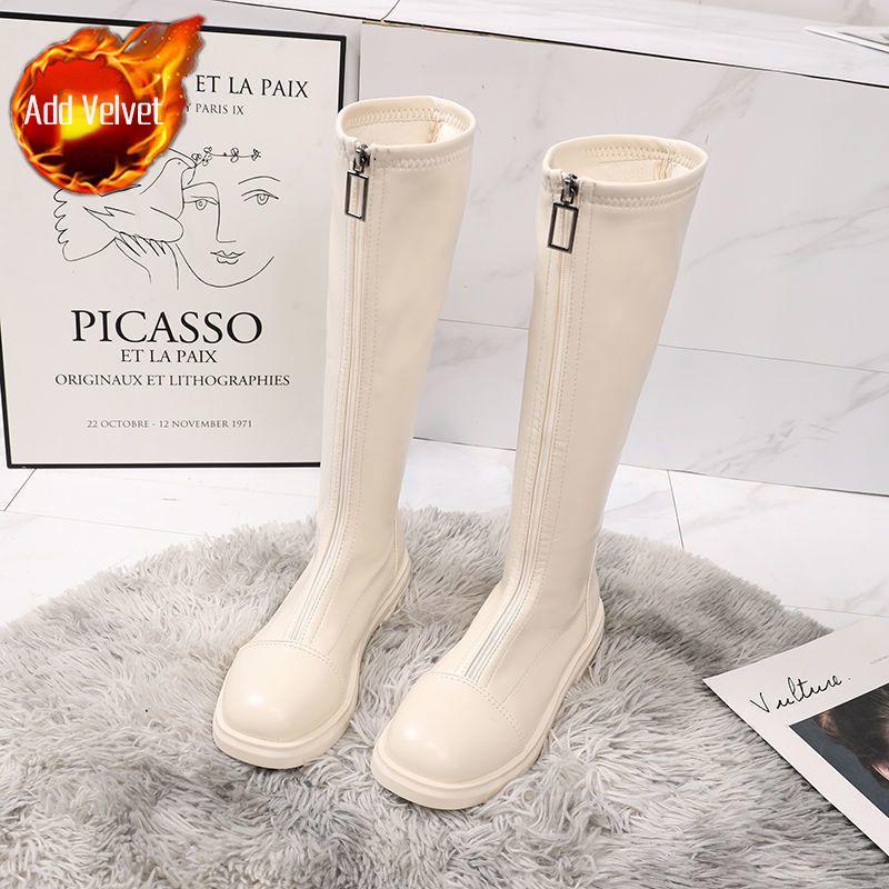 Fashion Leather Ladies Boots Footwear Shoes for Women Long Round Toe Elegant with Low Heels Biker Winter Knee High Shaft Boot Hot Y2k Pu