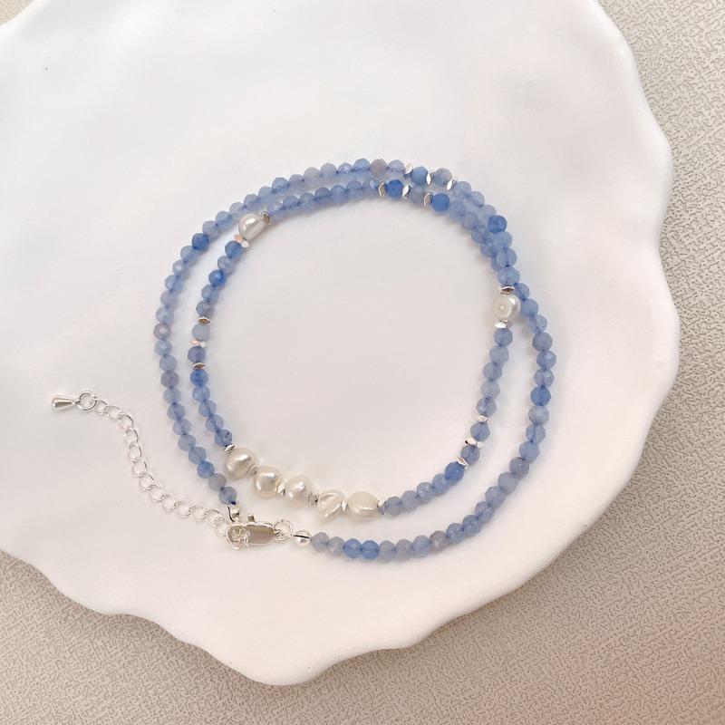 Natural aquamarine crushed silver baroque freshwater pearl necklace - versatile for everyday wear