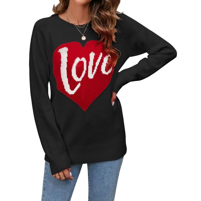 Womens Oversized Knit Sweater With Heart Embroidery Round Neck Long Sleeve Pullover Winter