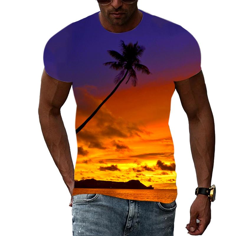 Летние удобные мужские футболки с принтом природного пейзажа, модные футболки с графическим принтом пейзажа, футболки с коротким рукавом и рисунком пляжа и моря, топы