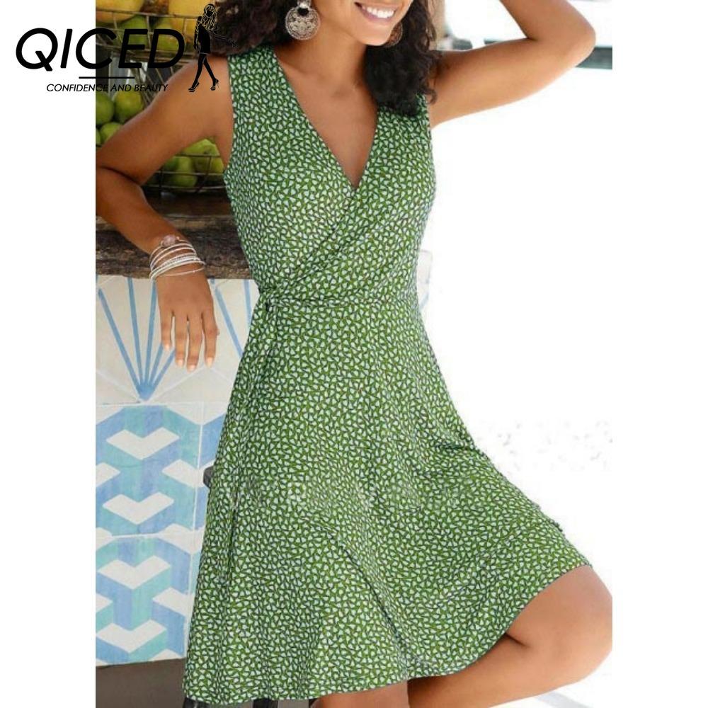 QICED Polka Dot Print Dress Women Sleeveless Bandage Beach Dress Summer Bohemian Dresses For Women Casual V Neck Dresses Female Robe