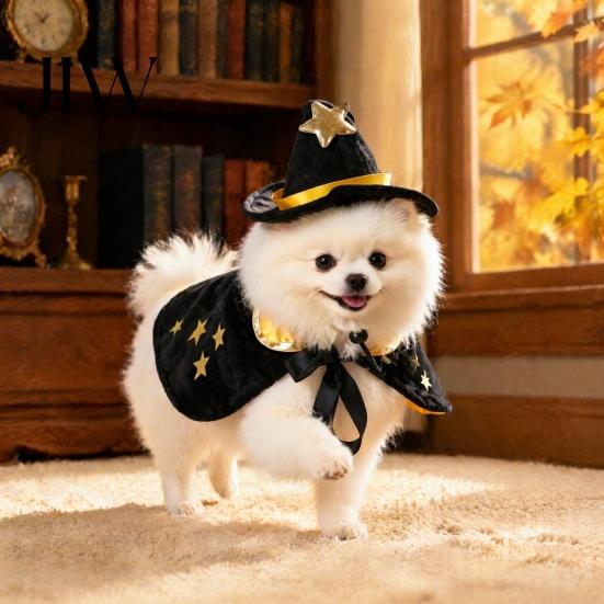 Pet Costume for Running Dogs 1 Set Halloween Cat Witch Costume, Black Cape And Wizard Hat, Moon Small Dog Outfit Star Cloak Pointed Hat