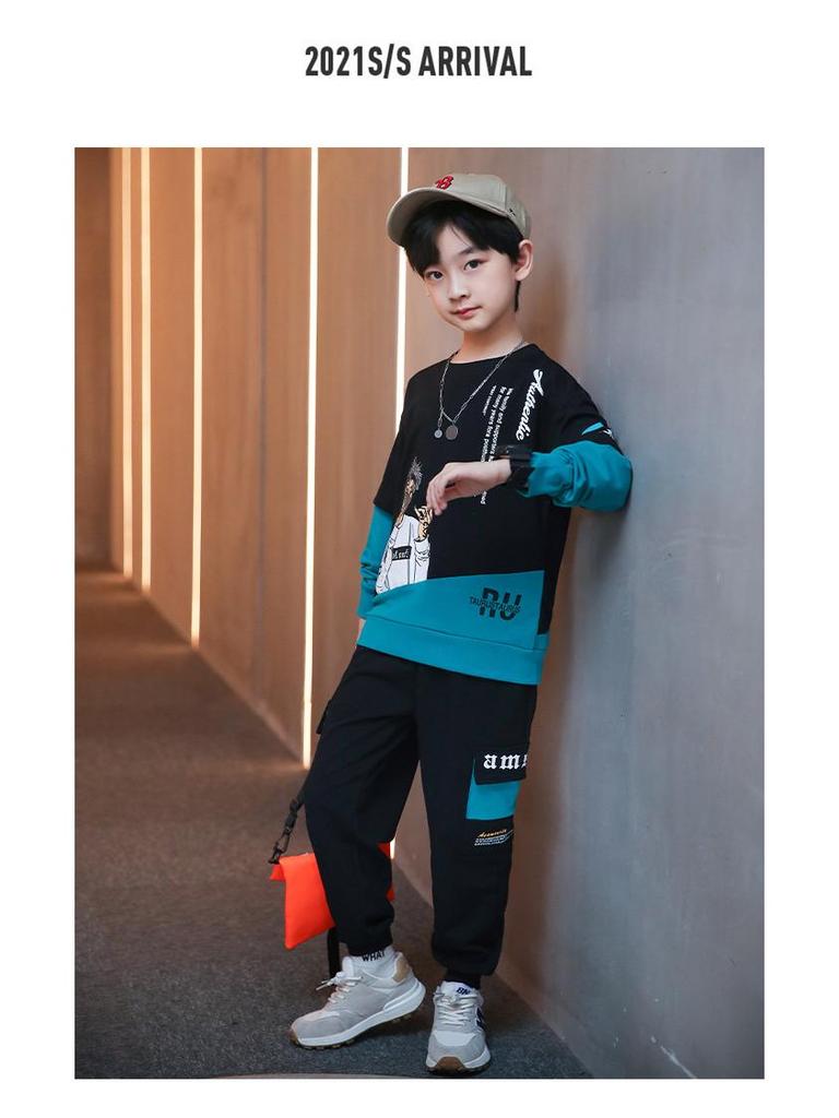 2025 Новый весенне-осенний спортивный костюм свободного кроя из двух частей в корейском стиле для мальчиков