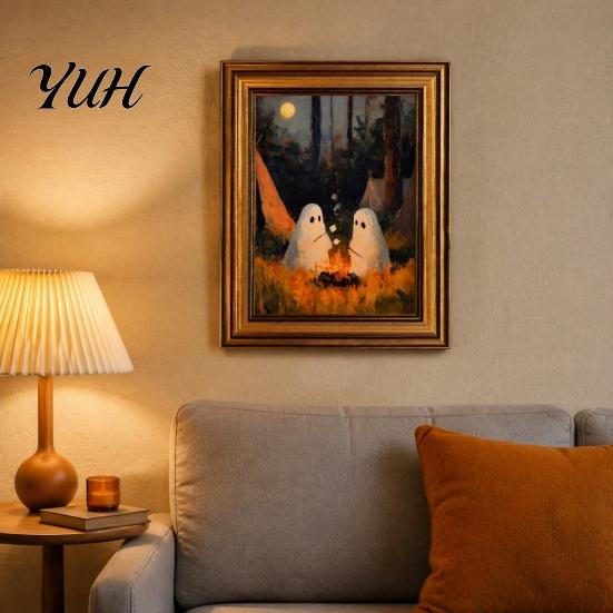 Retro Halloween Decor Vintage Cute Ghost Canvas Wall Art, Spooky 2 Ghosts Campfire Autumn Seasonal Art Hanging Poster, Gothic Decoration for
