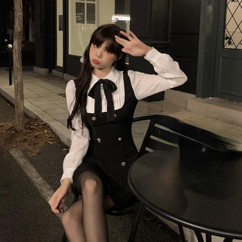 2024 Spring Fake MIni Dress Women Slim Chic Long Sleeve Bow Casual Y2k Mini Dress Female Korean Fashion Elegant Short Party Dress