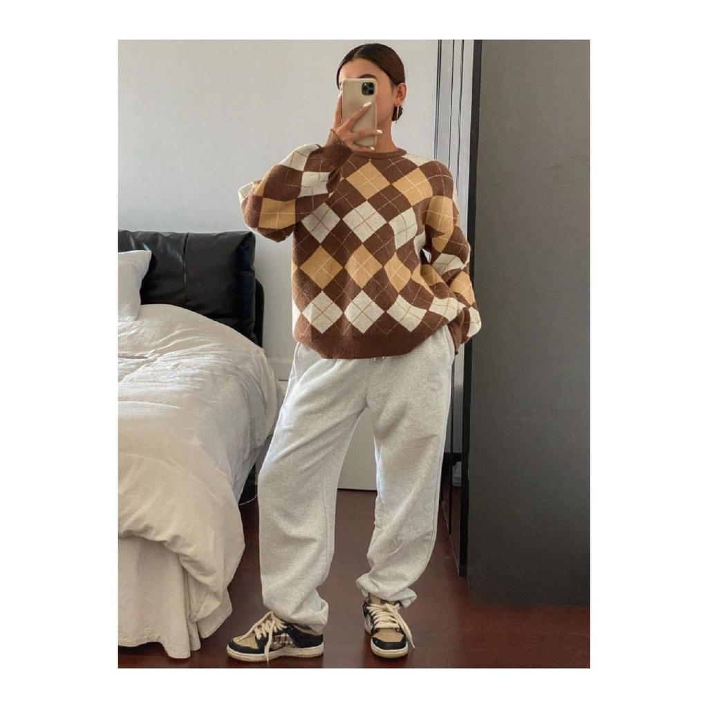 Women's Square Patterned Tile Crew Neck Knitwear Sweater