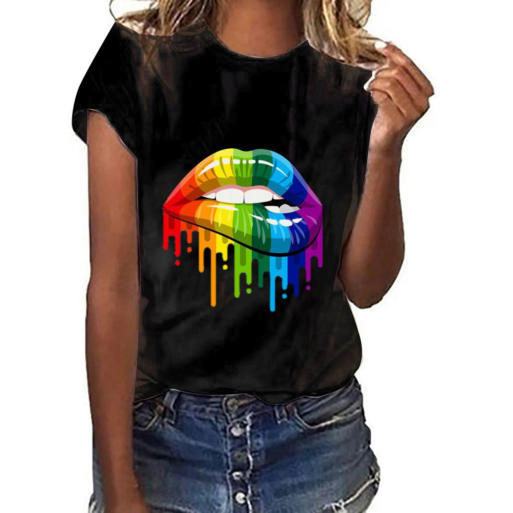 Women Plus Size Lips Gesture Print Short Sleeve T-Shirt Tops