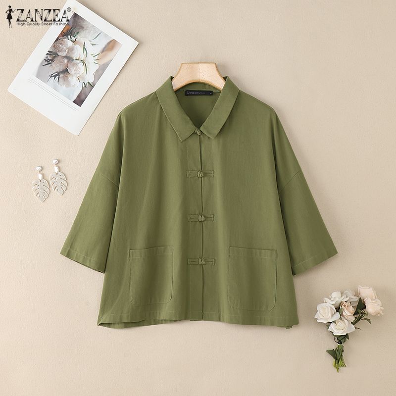 ZANZEA Женская летняя блузка из хлопка с отложным воротником, свободного кроя, с рукавом до локтя
