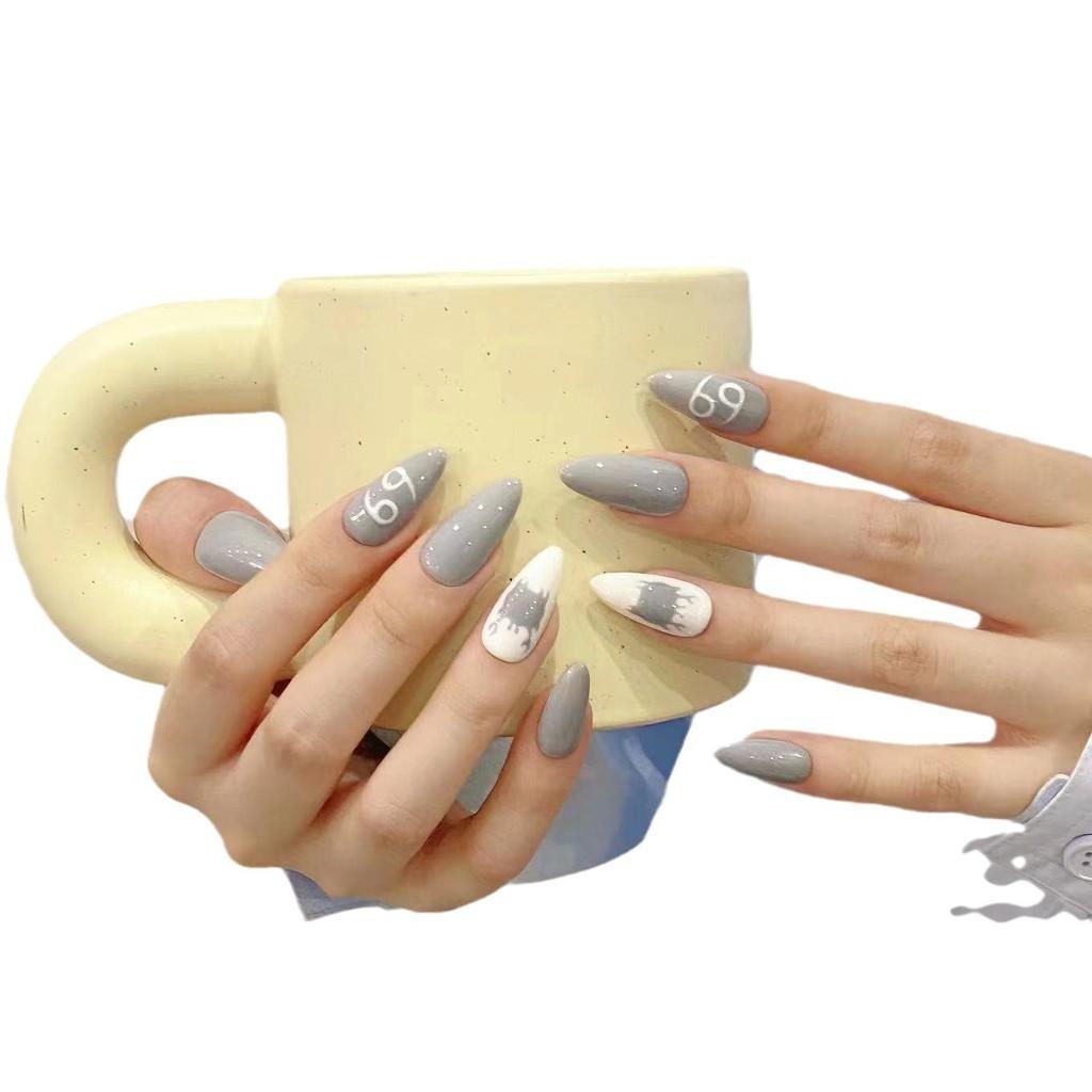 HANDMADE Artificial Nail Zodiac Sign - Cancer Almond Hand Painted Dusty Blue Phototherapy Nails Fake Nails Reusable and Removable Nails