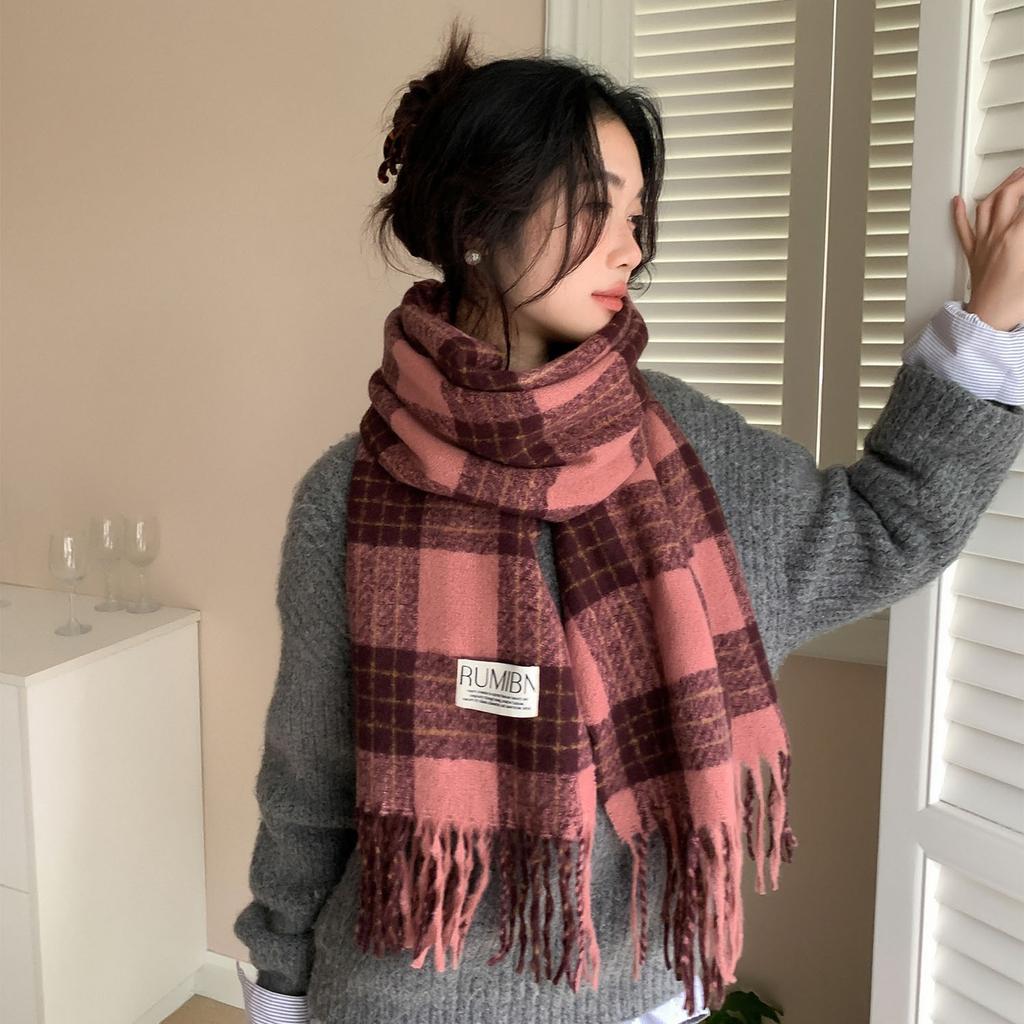 Red Plaid Scarf Autumn and Winter Women's Korean Style Atmosphere Scarf Plush Shawl Outer Wear New High End Feel