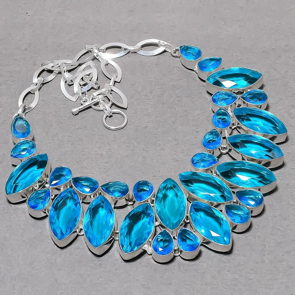 Lab Created Swiss Blue Topaz Necklace 18" Adjustable Chain Gemstone Jewelry Gift