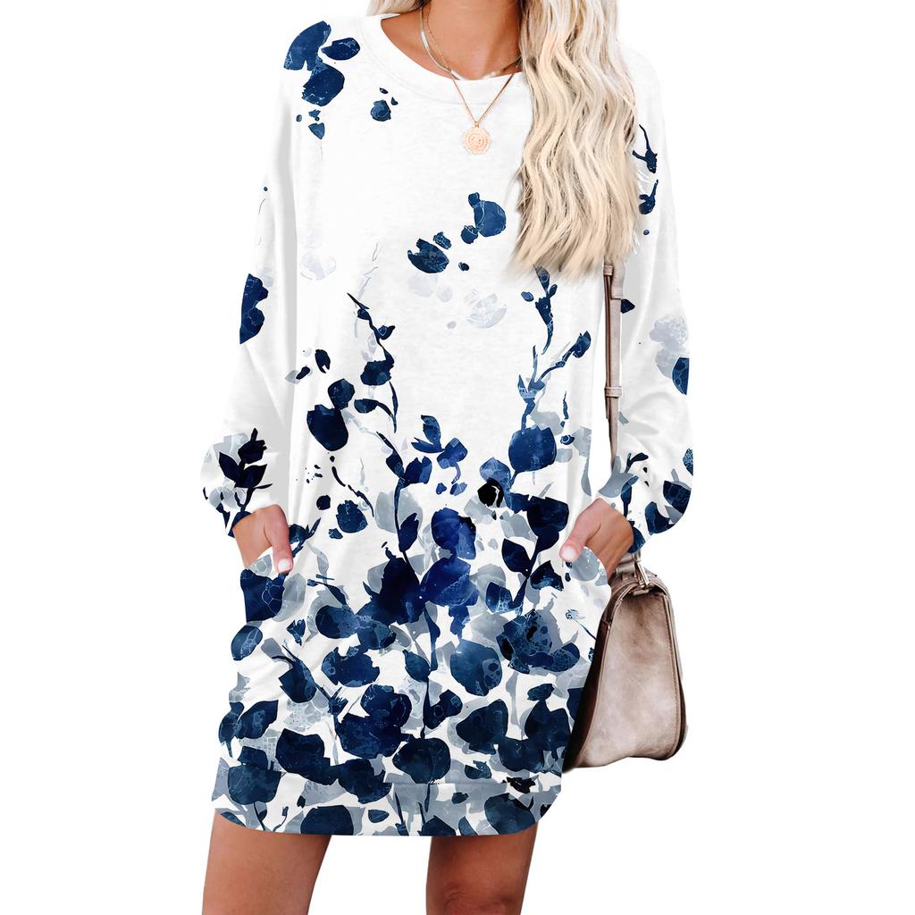 Женское модное платье с ретро-принтом, с длинным рукавом, круглым вырезом и карманом