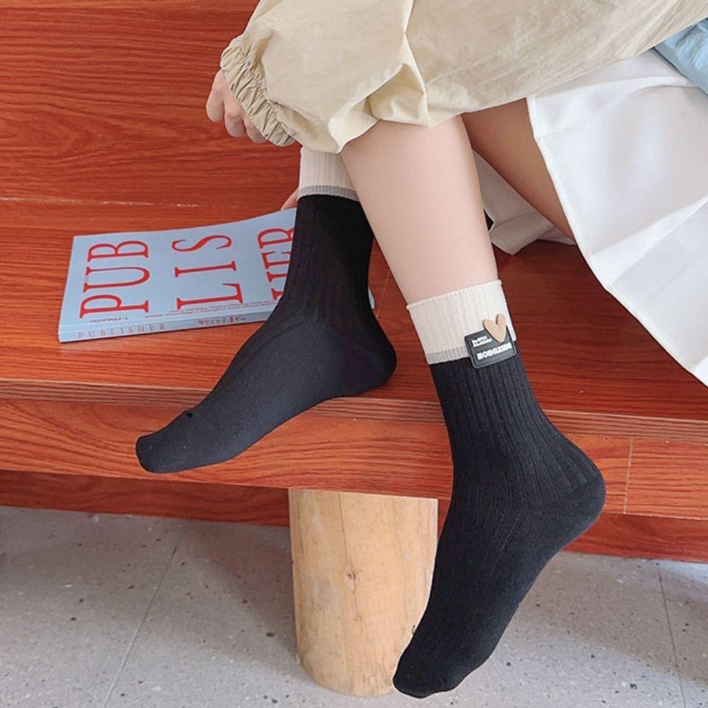 Хлопковые носки с двойной иглой в сочетании цветов Харадзюку Женский трикотаж Зимние повседневные носки Женские