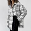 Oversized Relaxed Collared Plaid Shirt Women Long Sleeve Streetwear Top Loose Fit Casual Outerwear