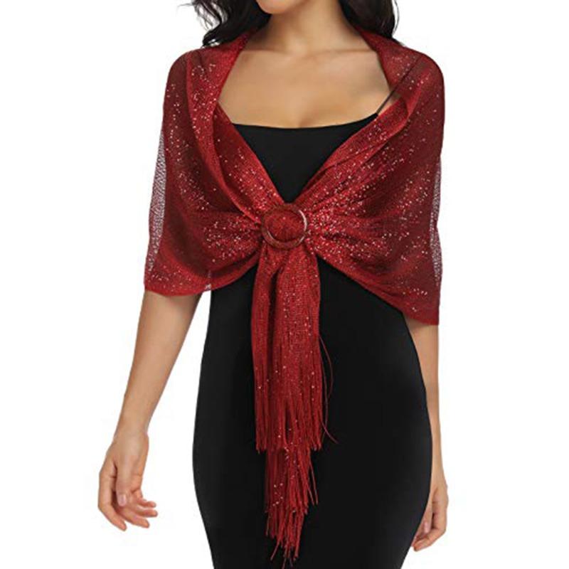 Fashion Bright Sunscreen Shawl Hijab Gold Silver Shiny Scarves For Women Lace Tassel Party Evening Dress Scarf