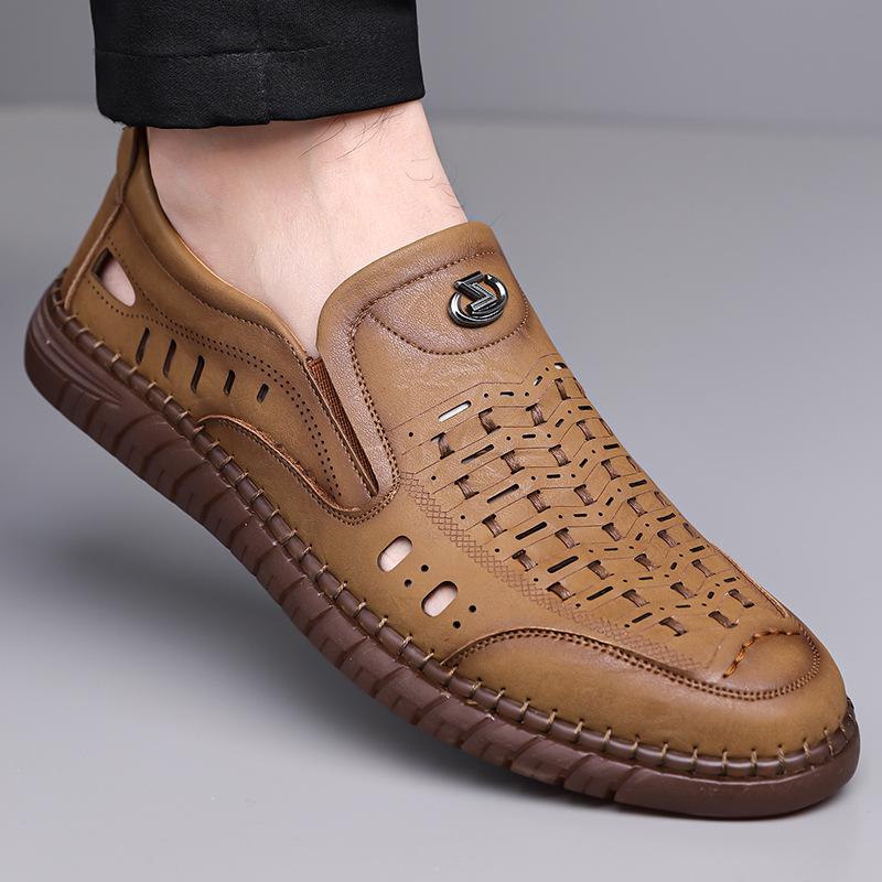 2025 летние сандалии мужские новые повседневные туфли мужские кожаные туфли ручной работы онлайн полые дышащие сандалии большого размера 501