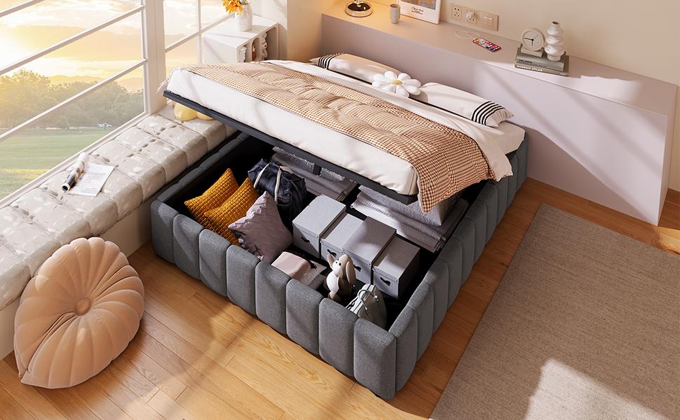 Upholstered Bed, 140*200cm, Hydraulic Storage, without Headboard, without Mattress, Grey