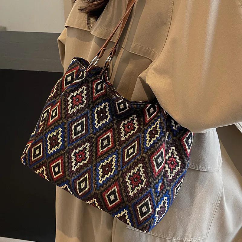 WTEMPO Этнический стиль Большие вместительные холщовые сумки Повседневные универсальные сумки через плечо Женские сумки для поездок на работу с принтом