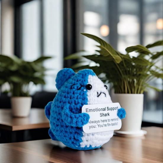 Позитивная вязаная крючком кукла Акула с вдохновляющей открыткой Эмоциональная поддержка Ручная работа Вязание Море