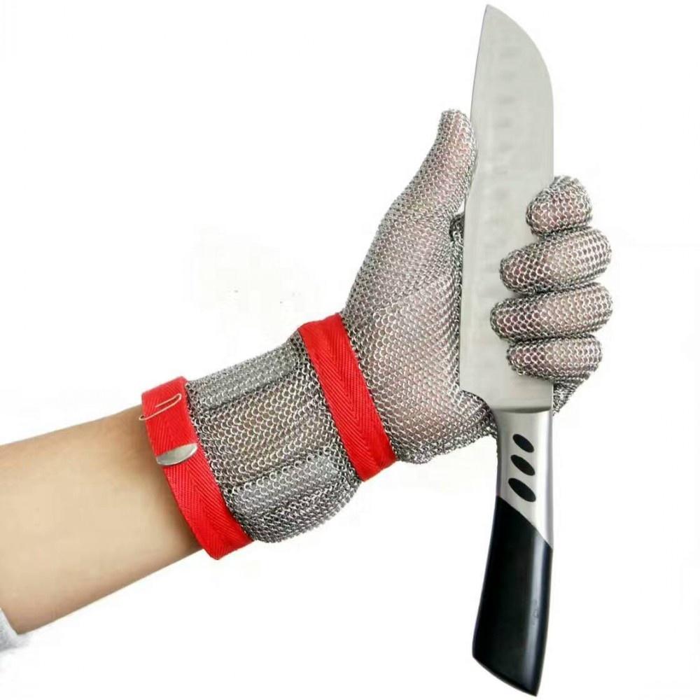 Stainless Steel Chainmail Ring Mesh Gloves Cut Resistant Hand Protection with 8cm Textile Cuff for Butchers