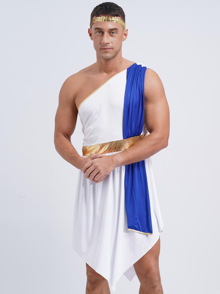 Мужской римско-греческий наряд для ролевых игр, маскарадный костюм на Хэллоуин, платье на одно плечо, халат с повязкой на голову, комплект