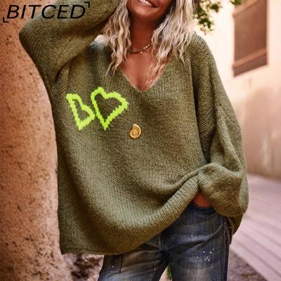 Осенне-зимний свитер с V-образным вырезом и узором в виде сердечек, женский повседневный пуловер оверсайз с длинным рукавом, вязаный топ