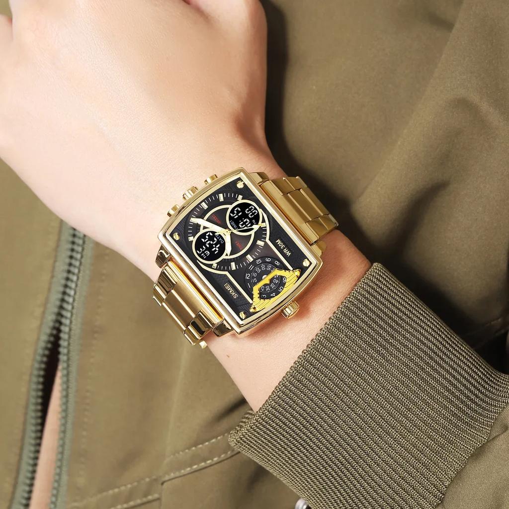 Golden Big Dial Three Time Men Wrist Watches Stainless Steel Men Sports Digital Military Quartz Watch Luminous Male Clock