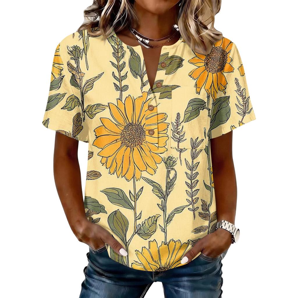 Женская хлопково-льняная рубашка-henley с коротким рукавом, принтом подсолнуха и пуговицами спереди, повседневный свободный топ для лета и весны