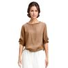 Women Shirt Round Neck Three-Quarter Sleeve Shirt Tops Solid Color Ruffle Trim Buttons Decor Loose Fit Blouse