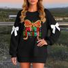 Ladies' Christmas Printed Bow Round Neck Long Sleeved Loose Pullover Sweater Sweatshirt Top