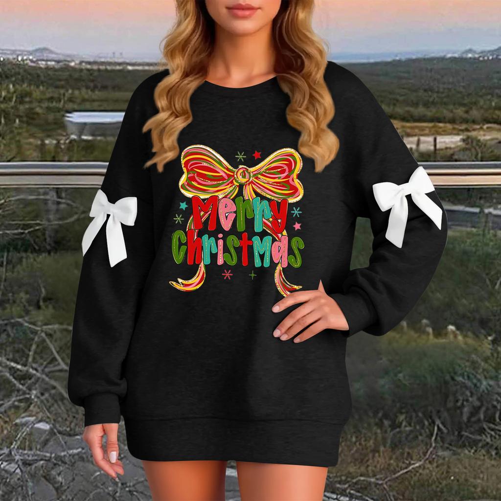 Ladies' Christmas Printed Bow Round Neck Long Sleeved Loose Pullover Sweater Sweatshirt Top