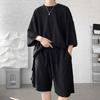 2Pcs/Set Men Casual Outfit O-neck Short Sleeve T-shirt Elastic Waist Pockets Design Wide Leg Shorts Set Solid Color Two-Piece Suit