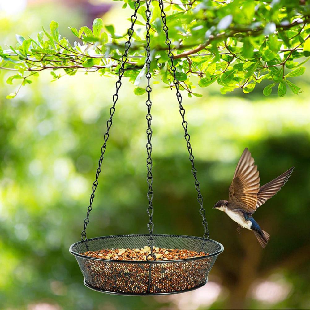 Hanging Bird Feeder Round Tray Metal Mesh Platform Seed Feeder for Outdoor Garden Decoration